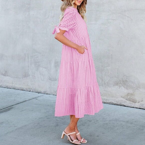 Pink Elegant Women's Casual V Neck Plaid Midi Maternity Dress - Picture 4 of 5